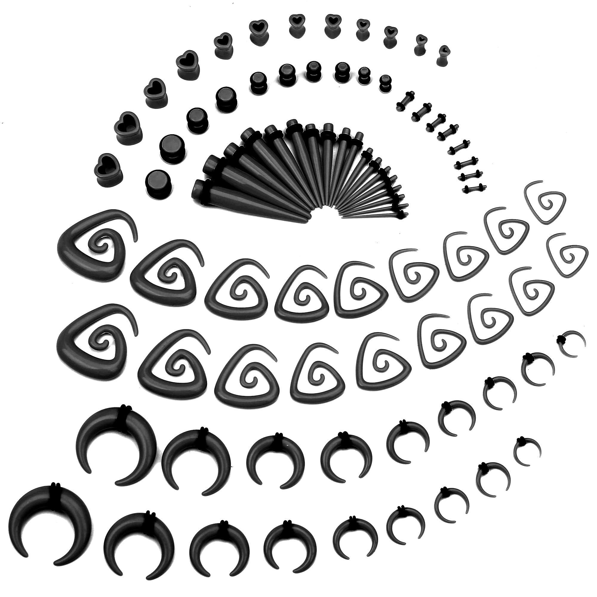 DOLOTTA 84 Pcs Ear Stretching Kit 14G-00G Ear Gauges Expander Set Acrylic Tapers Plugs Silicone Tunnels Body Piercing Jewelry Horseshoes Taper Spiral Tapers Gauges for Ears Black