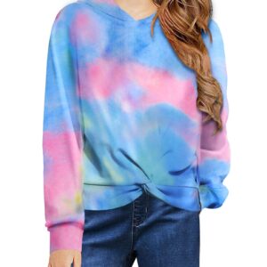 Hopeac Girls Casual Twist Front Sweatshirt Tie Dye Printed Long Sleeve Crop Tops Pullover