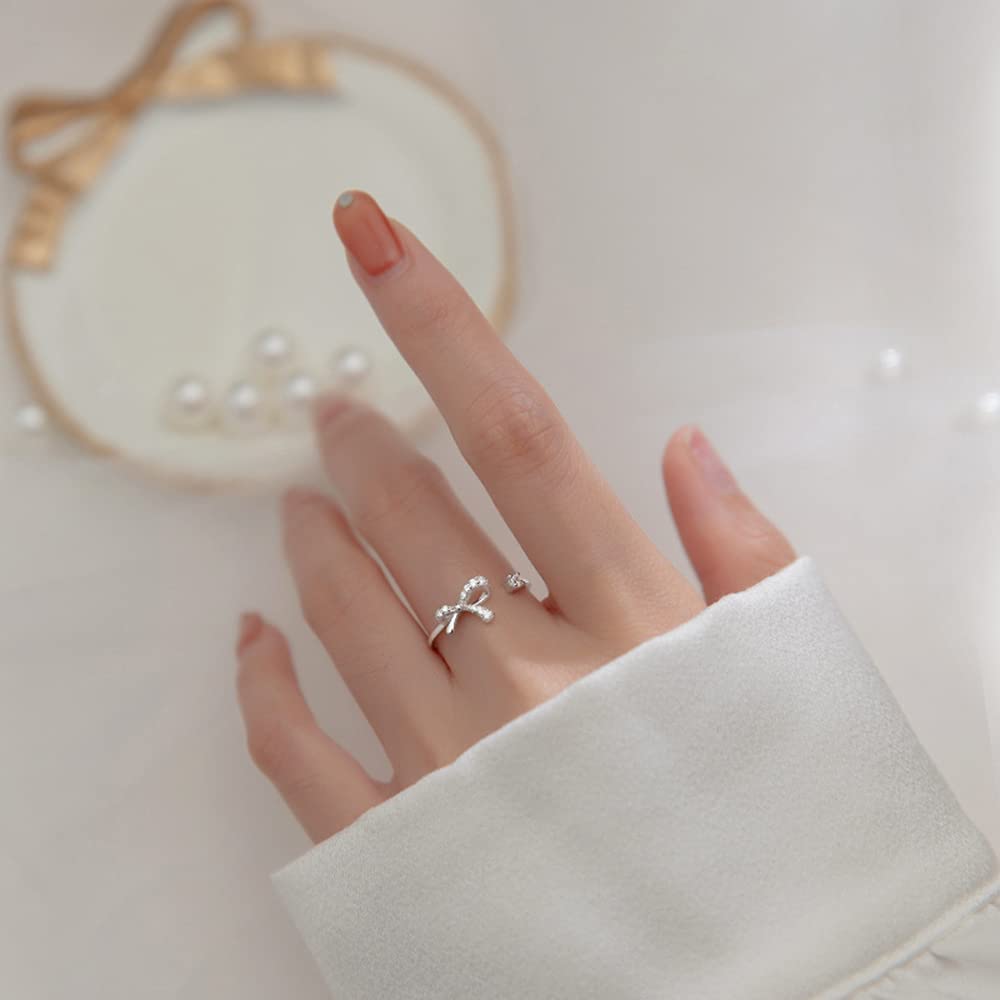 Dainty Bow Knot Statement Rings Sterling Silver 925 for Women Delicate Cubic Zirconia Crystal Promise Engagement Ring Eternity Tail Finger Band Wedding Bands Jewelry