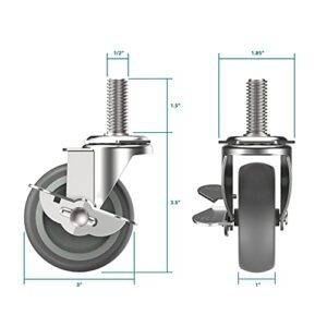 HOLKIE Caster Wheels 3 inch Locking Stem Casters, 1/2" -13 x 1-1/2" (Stem Diameter 1/2", Stem Length 1-1/2") Threaded Stem Casters Swivel Casters Set of 4 Heavy Duty Castors Gray