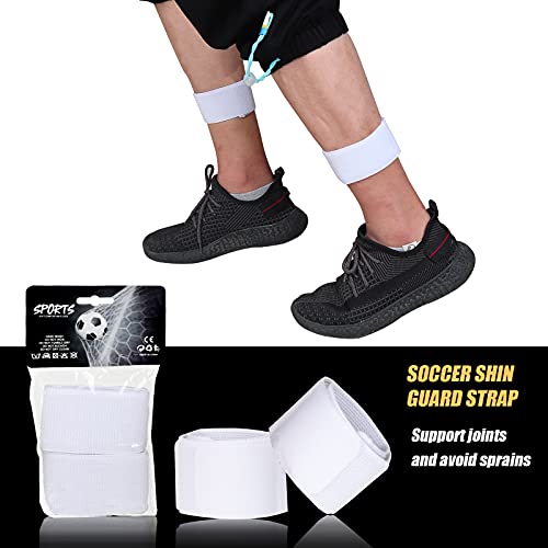 Shin Guard Straps, 4 PCS, Youth Soccer Shin Guard Stays, Elastic Shin Straps Soccer for Kicking Ball, Running, Cycling, Adjustable, Black and White Color in Package