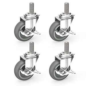 HOLKIE Caster Wheels 3 inch Locking Stem Casters, 1/2" -13 x 1-1/2" (Stem Diameter 1/2", Stem Length 1-1/2") Threaded Stem Casters Swivel Casters Set of 4 Heavy Duty Castors Gray