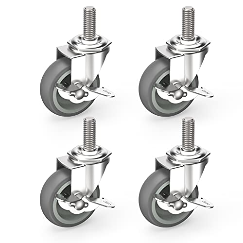 HOLKIE Caster Wheels 3 inch Locking Stem Casters, 1/2" -13 x 1-1/2" (Stem Diameter 1/2", Stem Length 1-1/2") Threaded Stem Casters Swivel Casters Set of 4 Heavy Duty Castors Gray