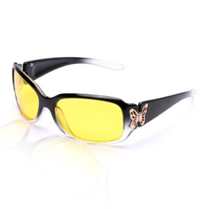 LVIOE Polarized Night Vision Glasses for Women, Yellow Tinted Glasses with Butterfly Decoration for Night Driving