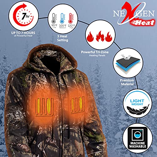 Nexgen Heat NXM1776SET Men's Camouflaged Heated Zipper Hoodies - Warming Camo Hoodie for Hunting w/Battery - XX-Large