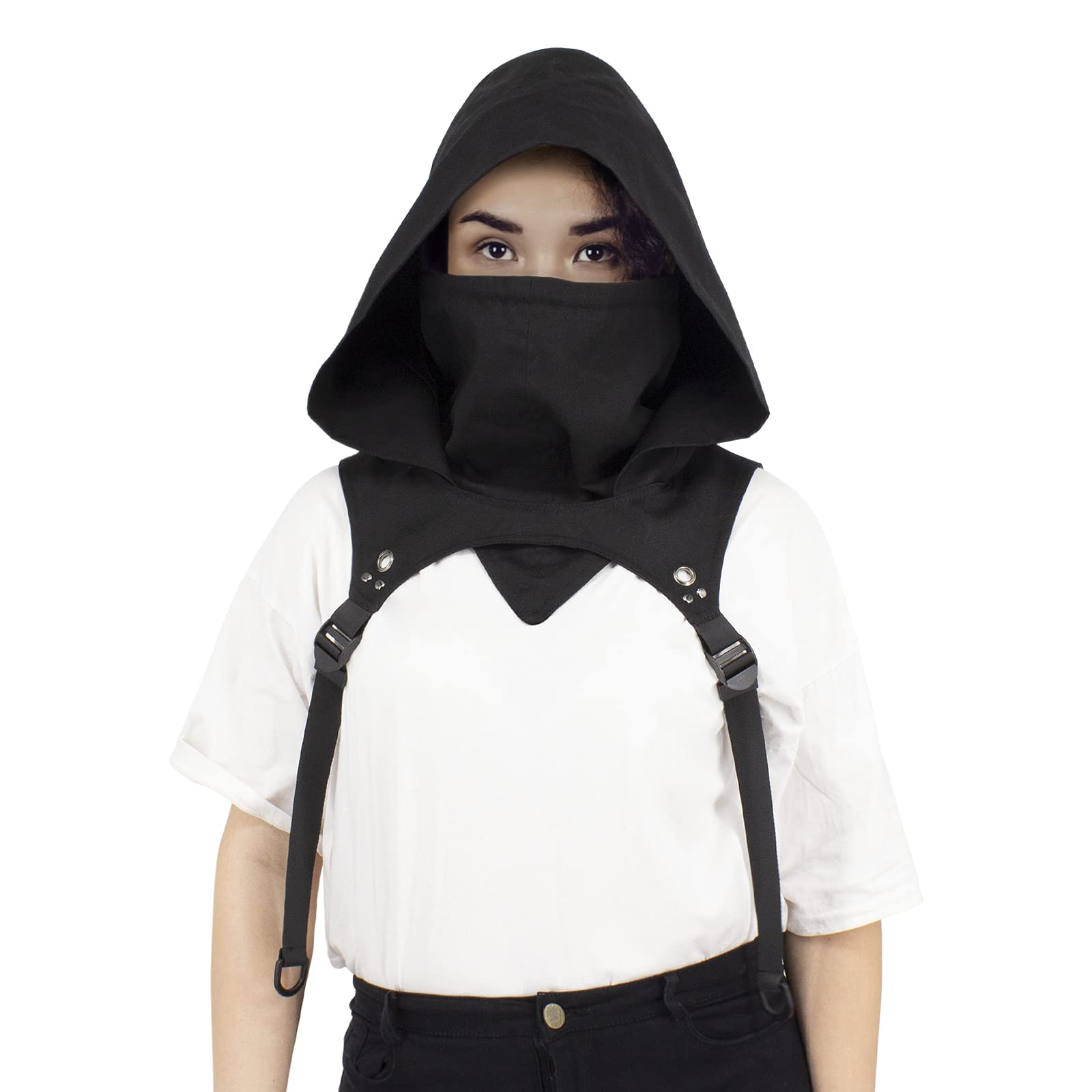 DigitiZerArt Hood Scarf of Punk Rogue, Neck Warmer Hooded Cape Hat with Adjustable Arms, for Halloween Cosplay and Outdoor (Drawstring)