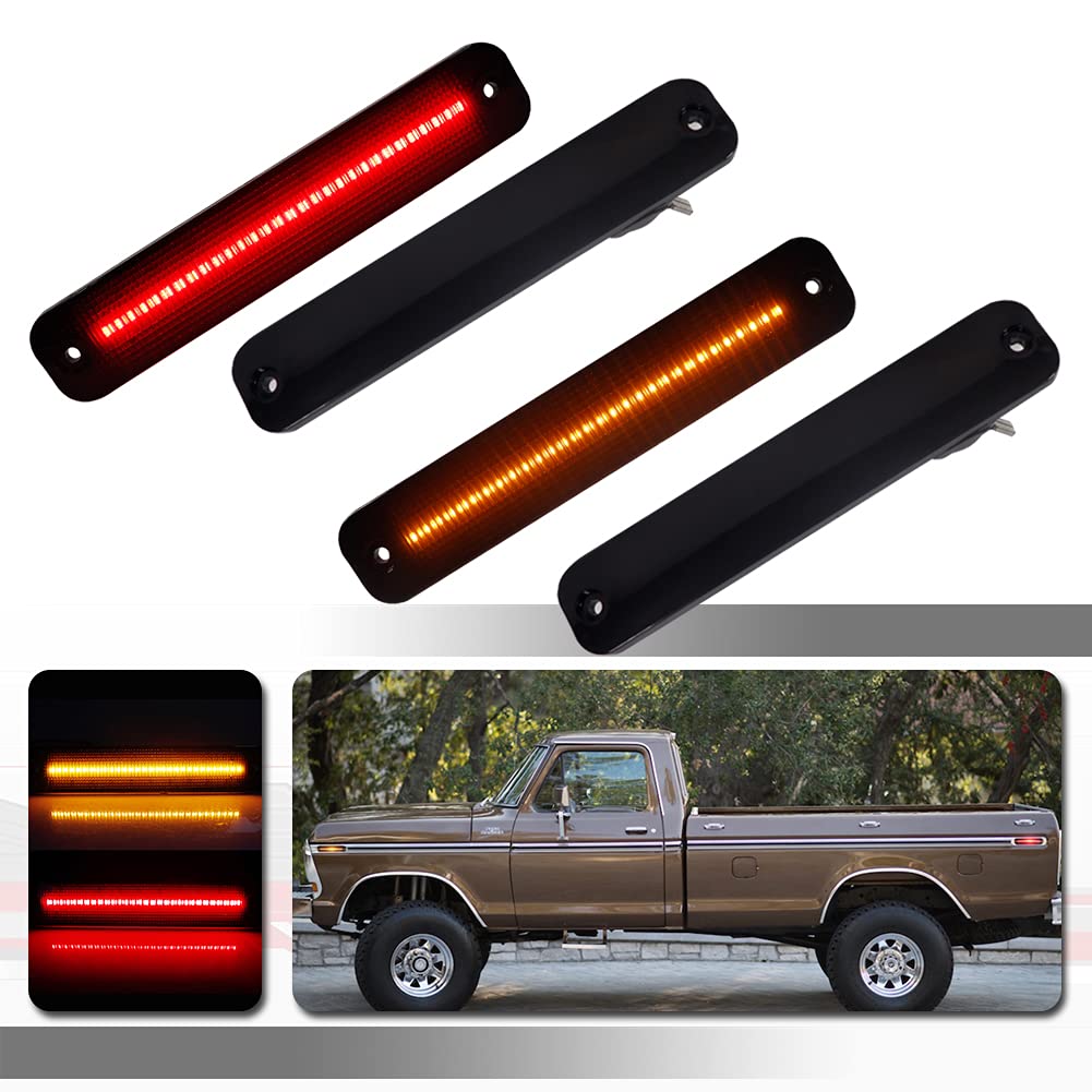 Tonsya 4 pcs Full Amber & Red Led Lamps Smoked lamp kit Compatible With 1973-1991 Ford E100 E150 E250 E350 F100 F150 F250 F350 F350 F500 Replace OEM Bumper Side Marker Lights