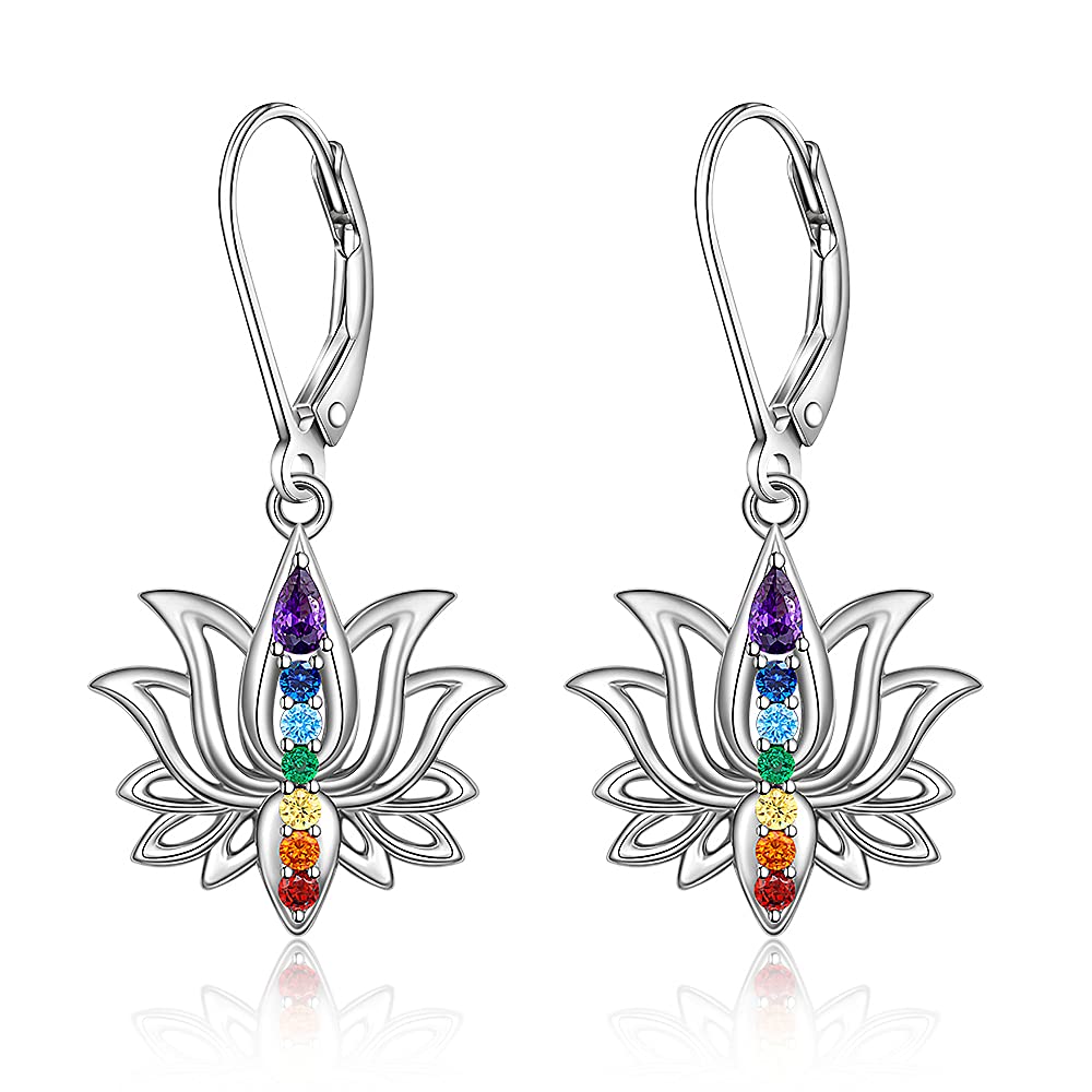 Chakra Earrings Lotus Flower 7 chakra Stones Leverback Earrings for Women Dangle Yoga Lotus Jewelry Balance Meditation