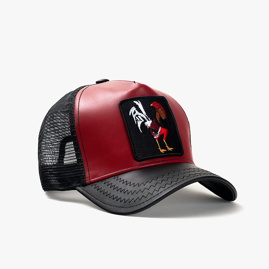 GOLD STAR HAT - COCK Rooster Black/Burgundy leather FIGHTING TRUCKER HAT