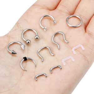 Ftovosyo 11Pcs 14G Septum Jewelry Surgical Steel Nose Septum Rings Piercing Jewelry Retainer Horseshoe Vertical Labret Lip Hoop Ring for Women Men 10mm 3/8 Inch Silver-tone