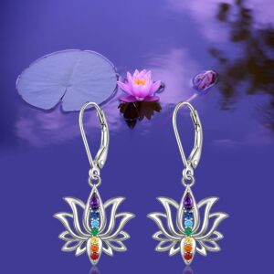 Chakra Earrings Lotus Flower 7 chakra Stones Leverback Earrings for Women Dangle Yoga Lotus Jewelry Balance Meditation