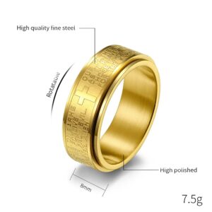 Christian Jesus Christ Lord Prayer Rotating Stress Relief Spinner Fidget Band Rings for Men Women for Anxiety Finger Rotate Freely Stainless Steel Wedding Promise Couple Band Rings Birthday Anniversary (Gold, 8)