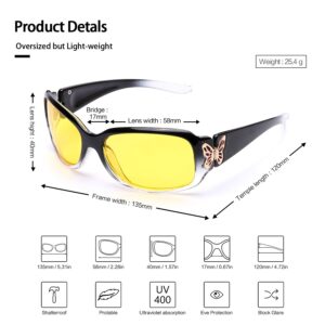 LVIOE Polarized Night Vision Glasses for Women, Yellow Tinted Glasses with Butterfly Decoration for Night Driving