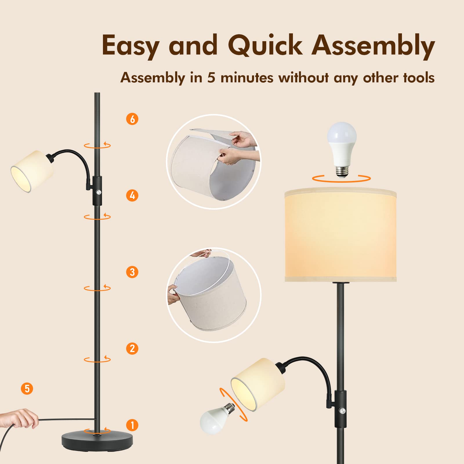 AUQUEE Floor Lamps for Living Room, Standing Tall Lamp with Reading Light, Black Bright Pole Lamp with 12W LED Bulb, 3-way Rotary Switch, Modern Corner Lamp for Bedroom Study Room for Christmas(White)