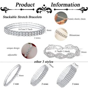 MOZAKA 5Pcs Sparkle Rhinestone Stretch Bracelets Bangle for Women Bling Silver Bridal Wedding Strand Stackable Tennis Bracelet Set