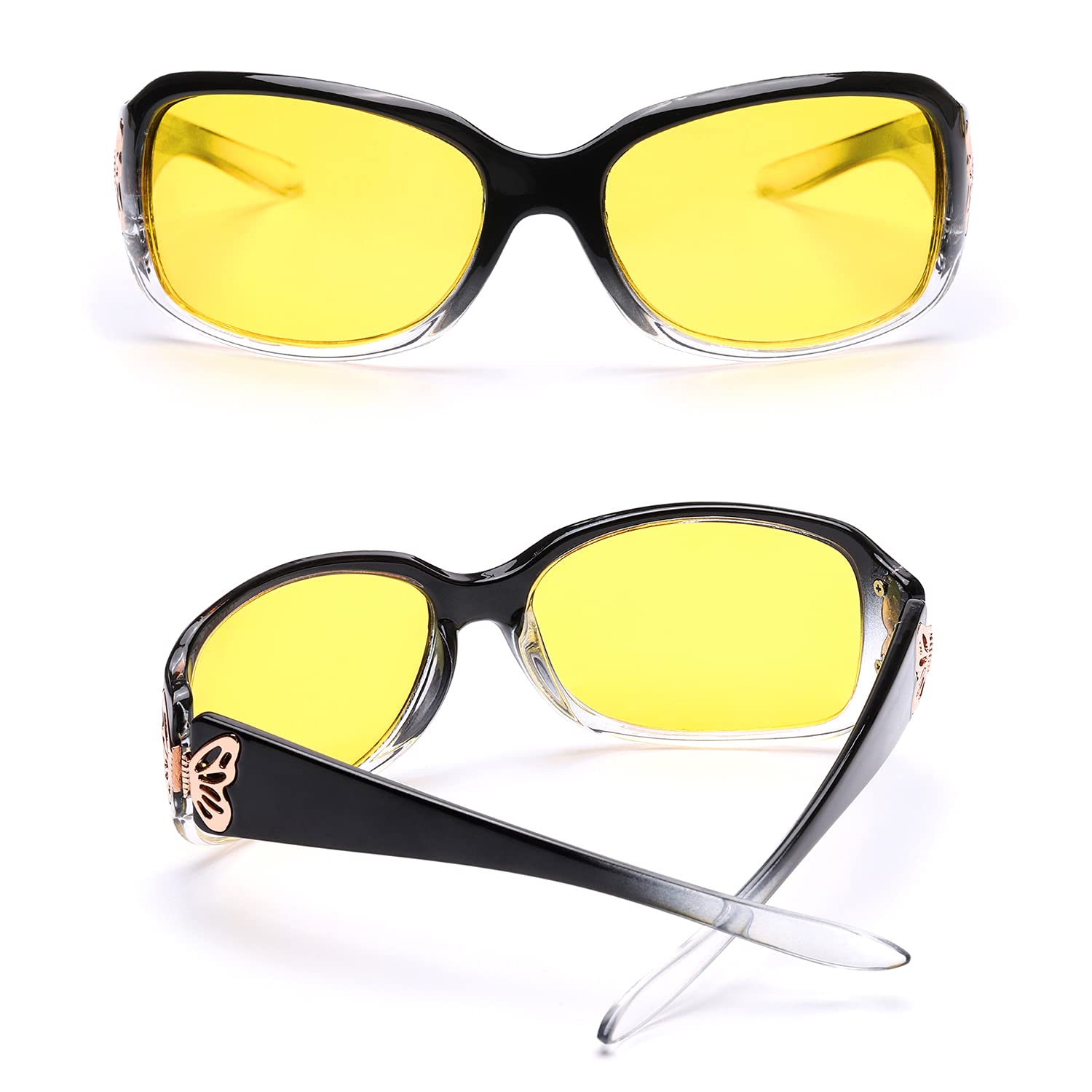 LVIOE Polarized Night Vision Glasses for Women, Yellow Tinted Glasses with Butterfly Decoration for Night Driving