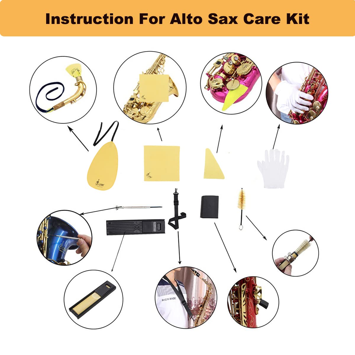 Saxophone Cleaning Kit, 10-in-1 Alto Saxophone Cleaning Kit Including Sax Cleaning Cloth, Mouthpiece Brush, Mini Screwdriver Cleaning Cloth for Flute and Wind & Woodwind Instrument