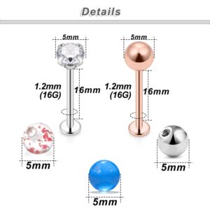 Ocptiy 16G Cheek Dimple Ring Piercing Jewelry Flat Back Tongue Ring Extra Long Lip Labert Medusa Monroe Ashley Ring Stud 16 Gauge Plastic Replacement Piercing Ball Jewelry Men Women Silver Black 16mm