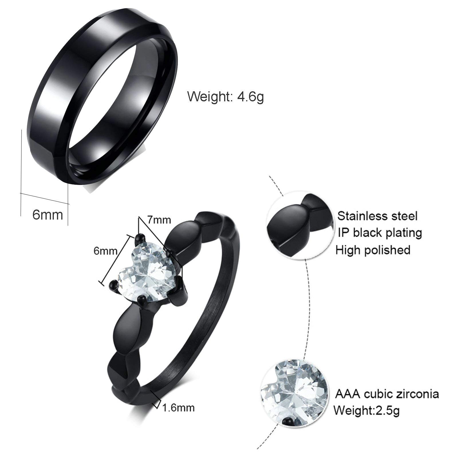 Gualiy Stainless Steel Rings for Couples Set, Couples Rings Promise Black Ring 6MM Heart Cubic Zirconia Ring Women 8 and Men 8