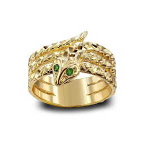 Certified 14k Yellow Gold Green-Eyed CZ Snake Ring (Size 6)