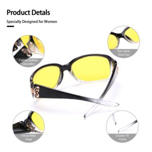 LVIOE Polarized Night Vision Glasses for Women, Yellow Tinted Glasses with Butterfly Decoration for Night Driving