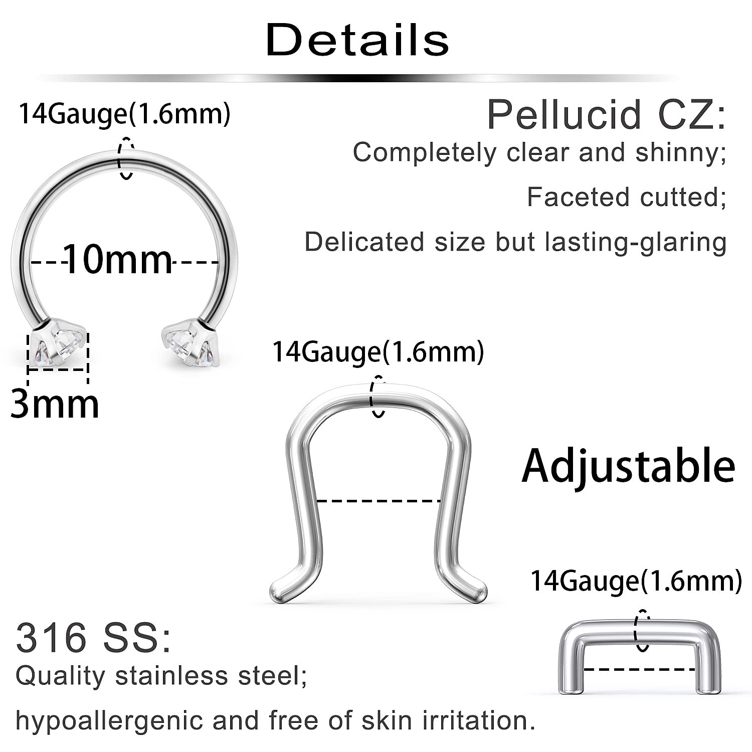 Ftovosyo 11Pcs 14G Septum Jewelry Surgical Steel Nose Septum Rings Piercing Jewelry Retainer Horseshoe Vertical Labret Lip Hoop Ring for Women Men 10mm 3/8 Inch Silver-tone