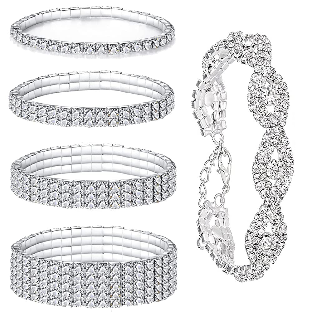 MOZAKA 5Pcs Sparkle Rhinestone Stretch Bracelets Bangle for Women Bling Silver Bridal Wedding Strand Stackable Tennis Bracelet Set