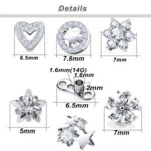 Ocptiy Dermal Piercing Jewelry Kit Dermal Tops 14G G23 Titanium Dermal Anchor Internally Threaded Flower Heart Dermal Replacement Piercing Diamond Gen CZ Tops Balls Jewelry for Women Men 6mm 8mm