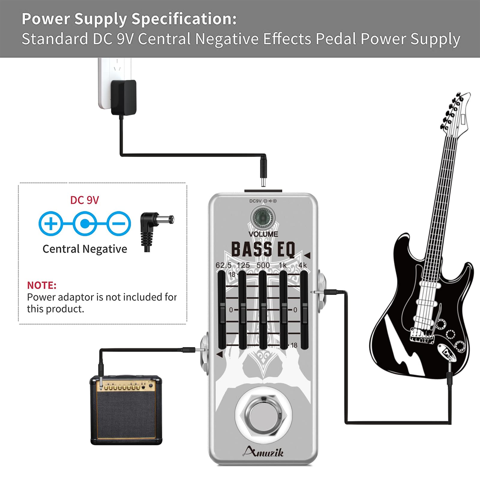 Amuzik Bass EQ Pedal 5 Band Equalizer Pedals For Bass Guitar With 5 Band Graphic Mini Size Full Metal Shell True Bypass, LEF-317B