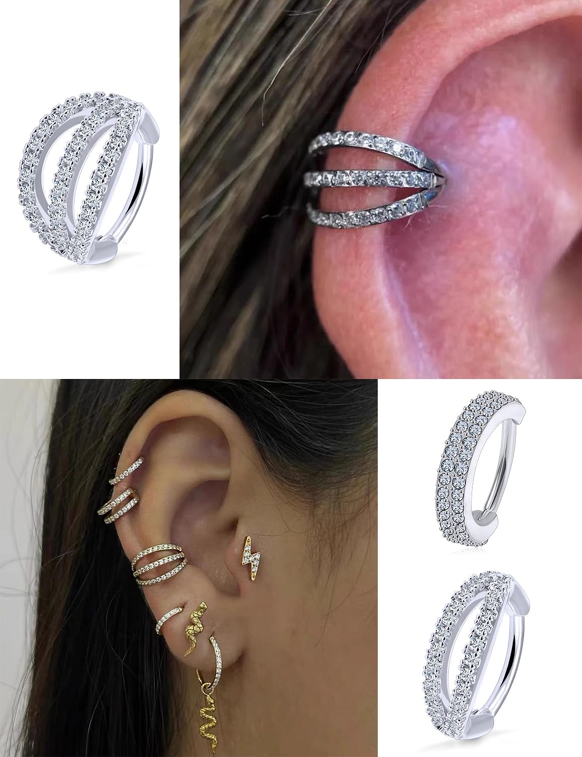 Ftovosyo 16G Conch Piercing Jewelry Surgical Steel Conch Hoop Earring Double Row Diamonds Helix Piercing Jewelry Conch Earrings for Women Lip Labret Rings Hoop Silver-tone