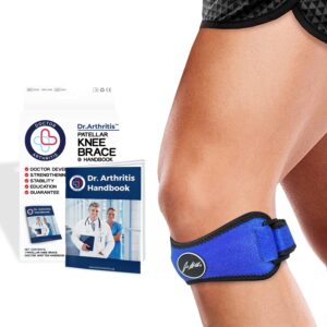 doctor developed patella tendon strap/knee strap/brace and handbook — for patellar tendonitis (jumper’s knee), pfps (runner’s knee), itbs, chondromalacia, patellar tracking (blue, single)