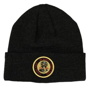 Cobra Kai Woven Embroidered Logo Patch Marled Acrylic Yarn Knitted Cuffed Beanie Hat for Men Black