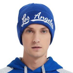 Los Angeles 3D Embroidery Classic Cuffed Knit Hat Beanie Toque Skull Cap - Blue OneSize