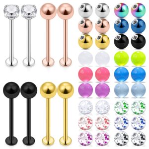 Ocptiy 16G Cheek Dimple Ring Piercing Jewelry Flat Back Tongue Ring Extra Long Lip Labert Medusa Monroe Ashley Ring Stud 16 Gauge Plastic Replacement Piercing Ball Jewelry Men Women Silver Black 16mm