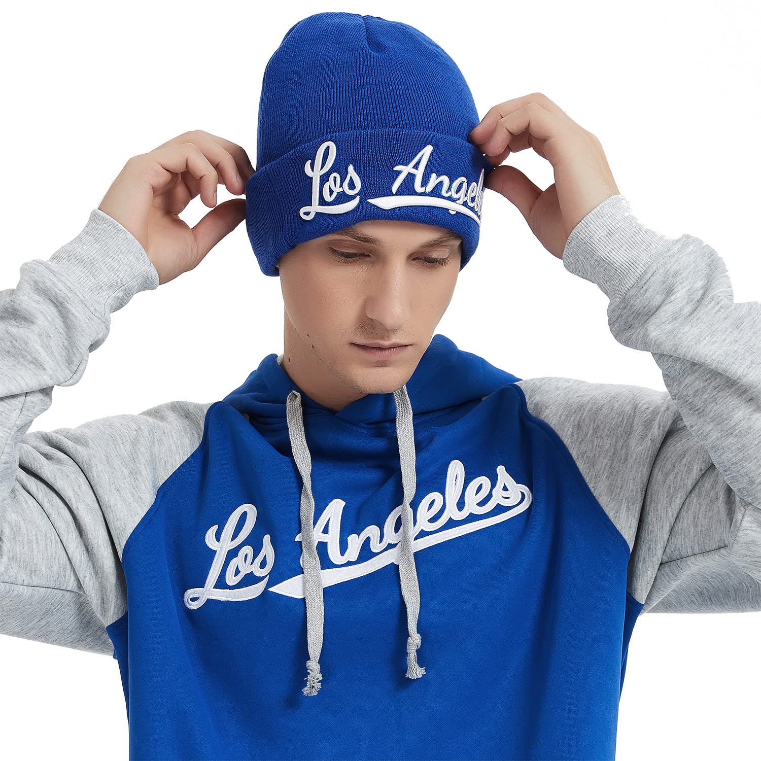 Los Angeles 3D Embroidery Classic Cuffed Knit Hat Beanie Toque Skull Cap - Blue OneSize