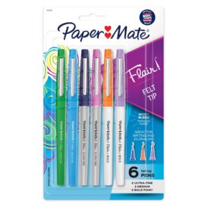 paper mate flair felt tip pens, assorted tips and colors, 6 count