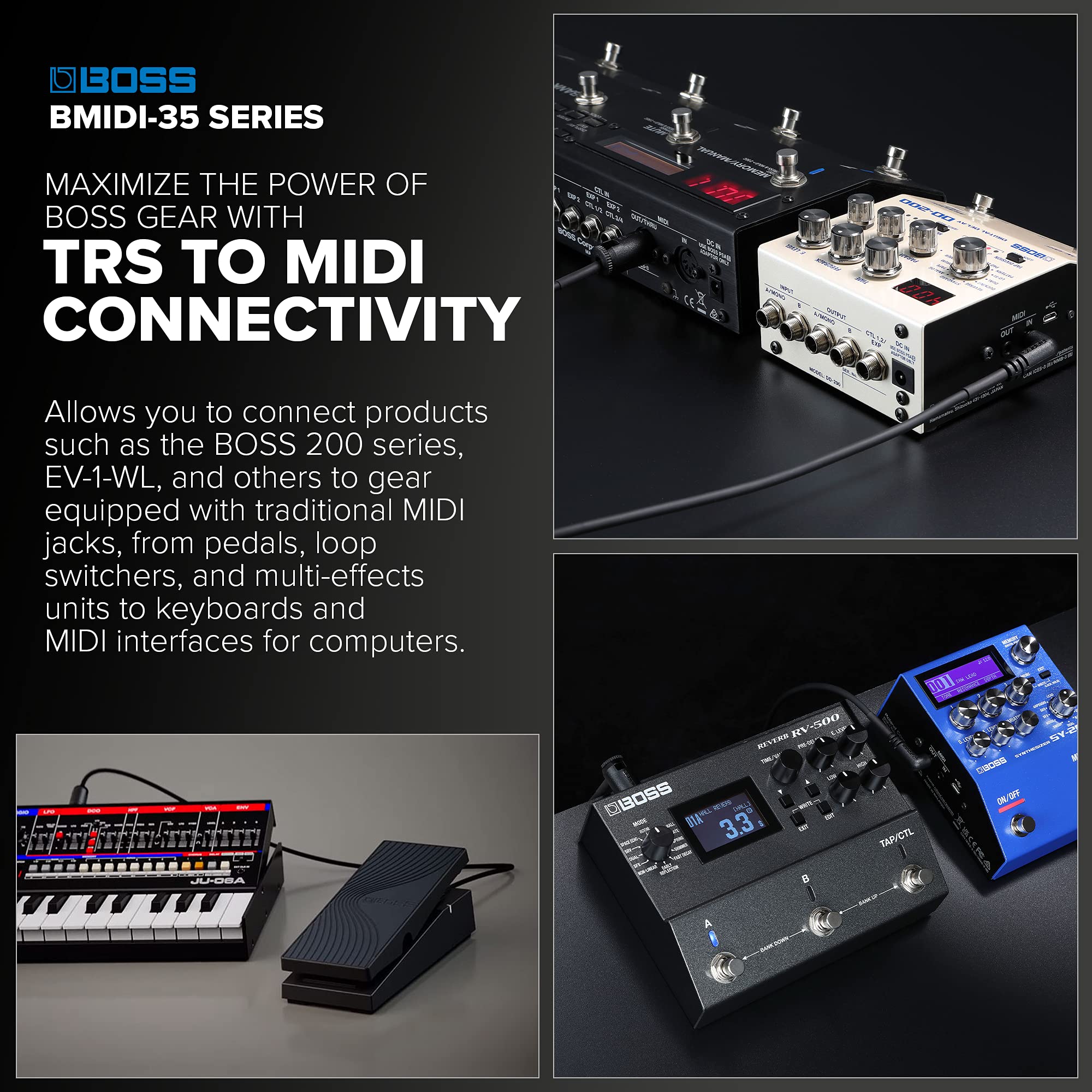 BOSS BMIDI-1-35 – 1ft / 30cm – Space-Saving 3.5mm TRS to Multi-Directional 5-Pin MIDI Cable – Provides Premium connectivity Pedals