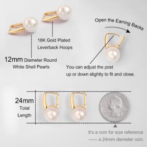 Aobei Pearl 18K Gold Plated Leverback Hoop Handpicked White Round Shell Pearl Drop Dangle Earring for Women Minimalist Simulated Pearl Ear Jewelry for Wedding Bridesmaids Gift