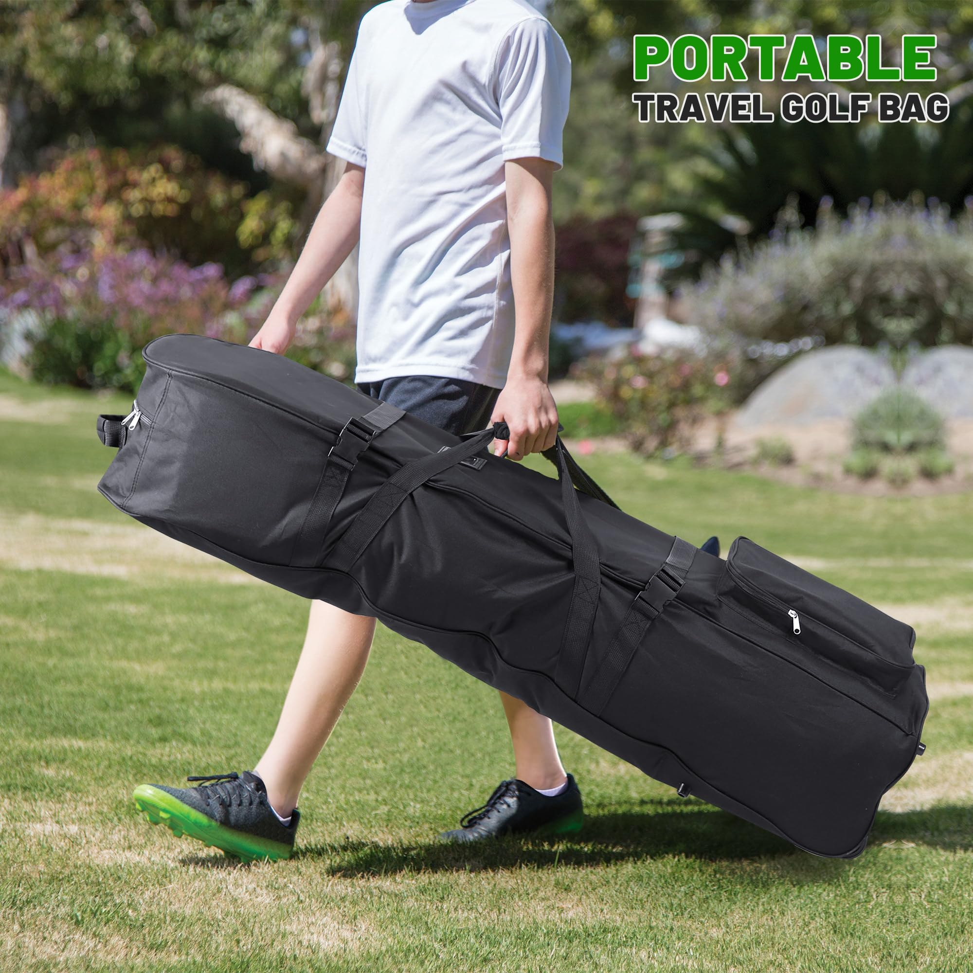 DAREKUKU Soft Sided Golf Travel Bag for Airlines With Wheels, Foldable Golf Club Travel Cover for Extra Protection, 900D Heavy Duty Oxford Wear-Resistant, Handle Style (Black)