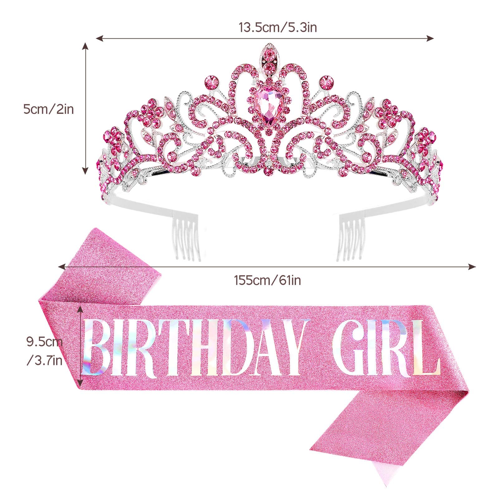 Casoty Birthday Girl Sash & Rhinestone Tiara Set, Birthday Crowns for Women, Happy Birthday Queen Tiara for Women, Birthday Sash and Tiara for Women, Glitter Birthday Sash Birthday Party Favors