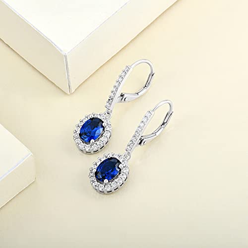 YL Women's Dangle Drop Earrings Sterling Silver Halo Solitaire Oval Leverback Earrings Created Sapphire Jewelry Gifts