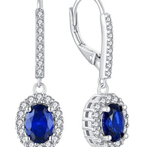 YL Women's Dangle Drop Earrings Sterling Silver Halo Solitaire Oval Leverback Earrings Created Sapphire Jewelry Gifts