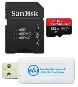 sandisk 512gb extreme pro microsd memory card with adapter works with gopro hero 10 black action cam u3 v30 4k a2 class 10 sdsqxcz-512g-gn6ma bundle with 1 everything but stromboli micro card reader