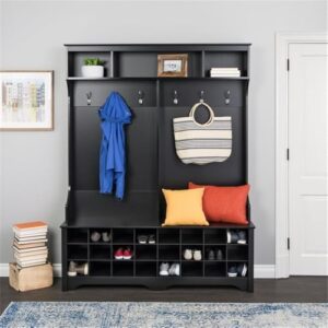 Prepac Black Hall Tree, Shoe Cabinet, Storage Cabinet with 24 Shoe Cubbies and 6 Double Coat Hooks 15.5" D x 60" W x 77" H, BSOG-0013-1