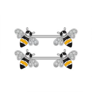 14G Cute Bee Stainless Steel Nipple Tongue Rings for Women Girls Crystal Cubic Zirconia Honeybee Barbells Nipplering Piercing Bar Nipple Studs Straight Shield Ring Sexy Body Jewelry