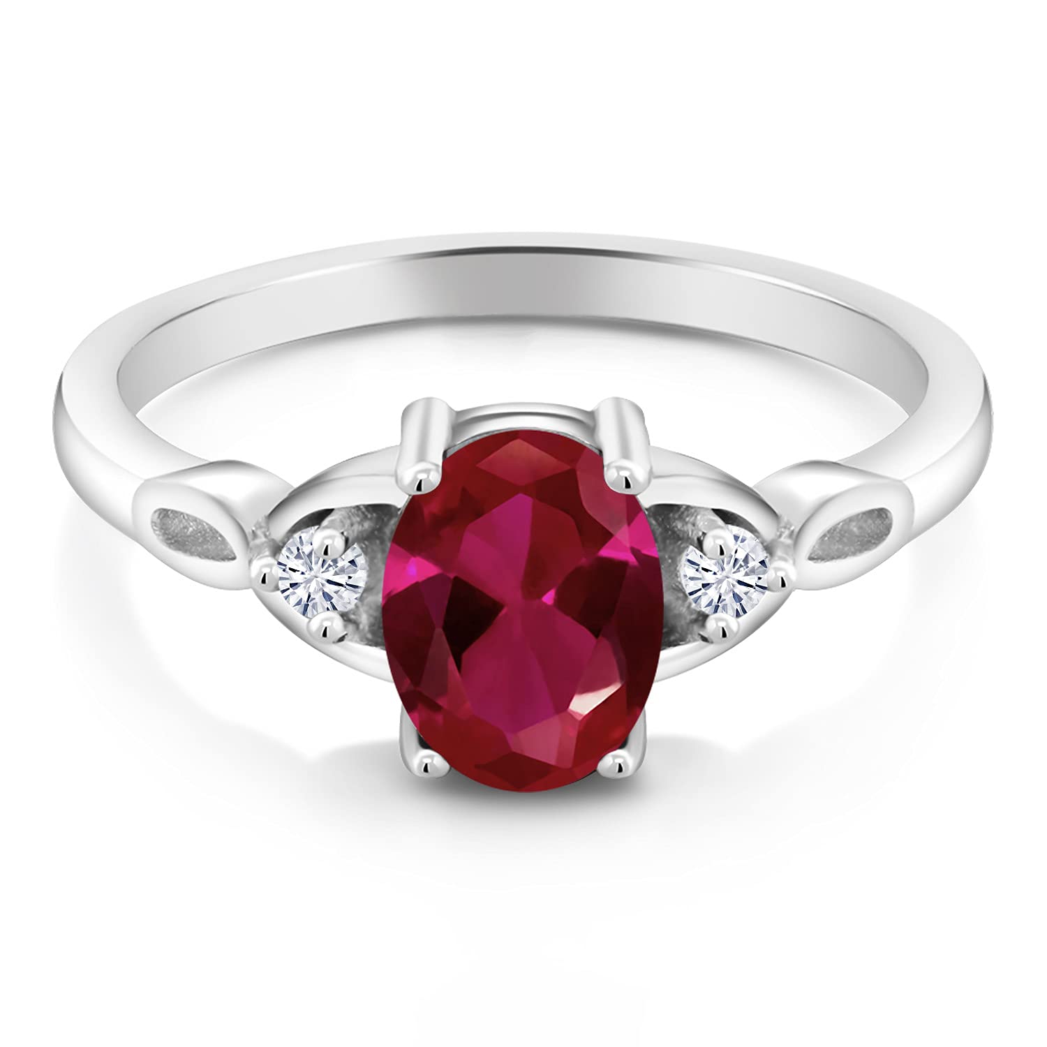 Gem Stone King 925 Sterling Silver Red Created Ruby and White Moissanite 3-Stone Rings For Women (1.43 Cttw, Gemstone July Birthstone, Oval 8X6MM, Available In Size 5, 6, 7, 8, 9)