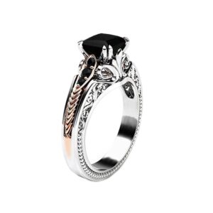 Koguxuix 925 Sterling Silver Black Gem Ring Square Cut Black Onyx Marcasite Cubic Zirconia Anniversary Promise Ring CZ Crystal Black Diamond Eternity Engagement Wedding Band Ring Size 6-10 (7)