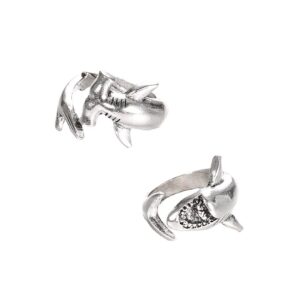 colorful bling 2 pcs white shark and hammerhead shark rings adjustable ocean animal personality jewelry for women men