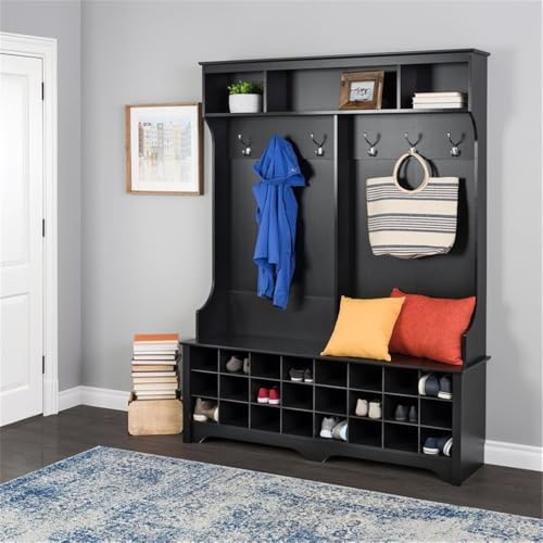 Prepac Black Hall Tree, Shoe Cabinet, Storage Cabinet with 24 Shoe Cubbies and 6 Double Coat Hooks 15.5" D x 60" W x 77" H, BSOG-0013-1