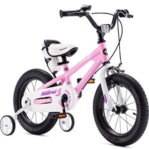 royalbaby freestyle 2 handle brakes kids bike girls 14 inch childrens bicycle with training wheels for toddlers beginners age 3-5 years, pink